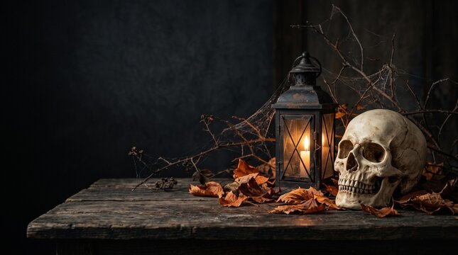 skull and candle on the table