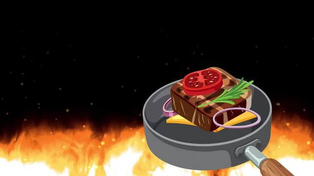 Animation of Steak Cooking in Frying Pan over Blazing Fire Flames