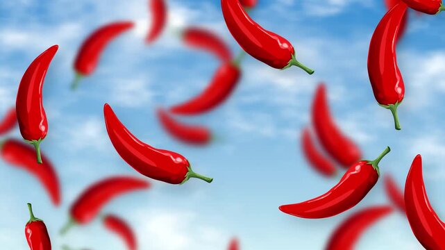 Red Chili Peppers Falling Through a Bright Blue Sky with Clouds