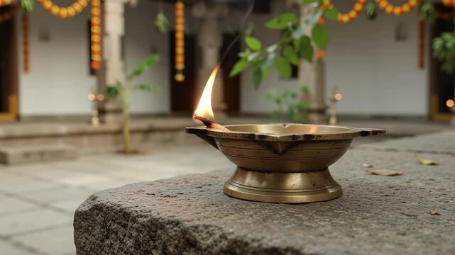 Traditional Brass Oil Lamp Burning for Indian Festival Celebration