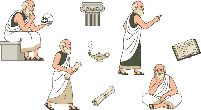 Ancient Greek Philosopher Character Set with Thinker Holding Skull Scroll Oil Lamp and Ionic Pillar Elements for History Education Designs