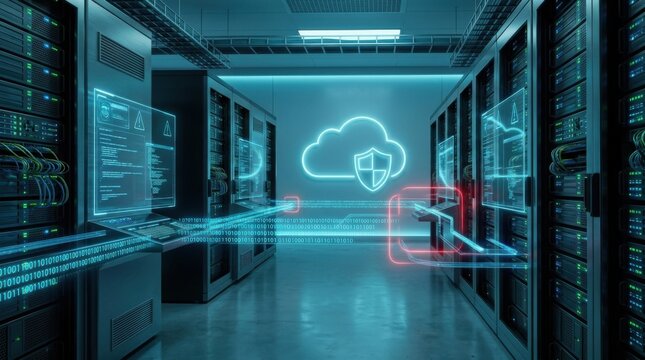 Secure cloud storage server room with glowing security shield and digital data flow
