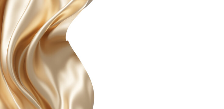 Luxury champagne gold silk fabric flowing isolated on transparent background with copy space 3D render