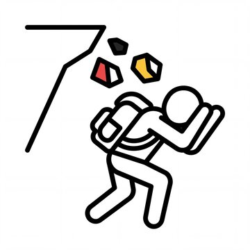 Stick figure person with backpack crouching to avoid falling rocks from a cliff.