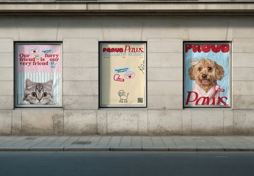 Pet Store Window Advertisement Poster Mockups PSD