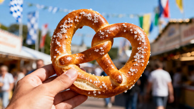 Hand Holding Freshly Baked Salted Pretzel at Outdoor Oktoberfest Fair, Traditional Bavarian Street Food Concept