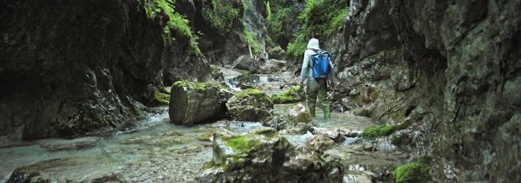 Anamorphic Lens - A boy explores a canyon in the Dolomites.