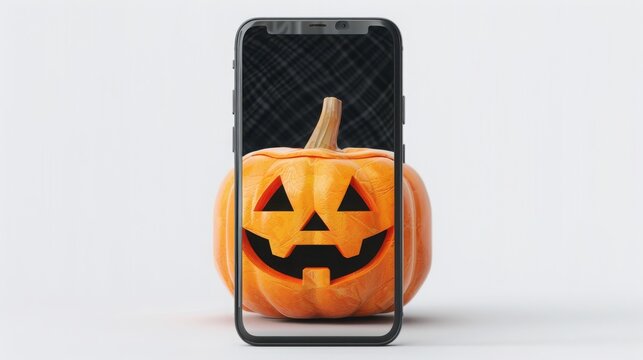 A carved halloween pumpkin displayed on a smartphone screen against a plain white background with jack o lantern