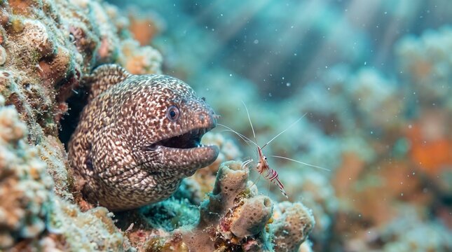 Moray eel and shrimp in vibrant coral reef underwater scene