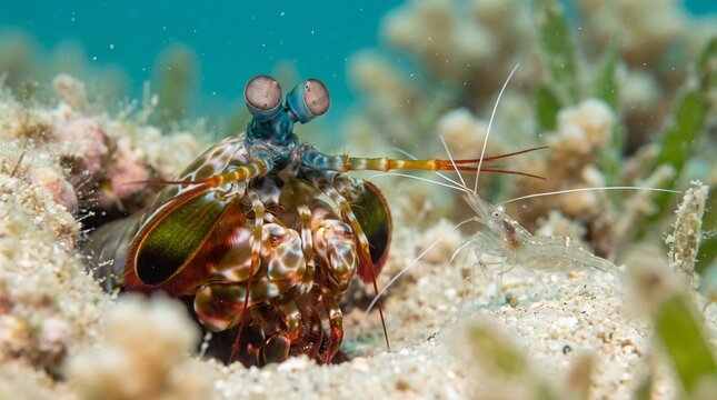 Colorful mantis shrimp peeking from coral reef underwater habitat