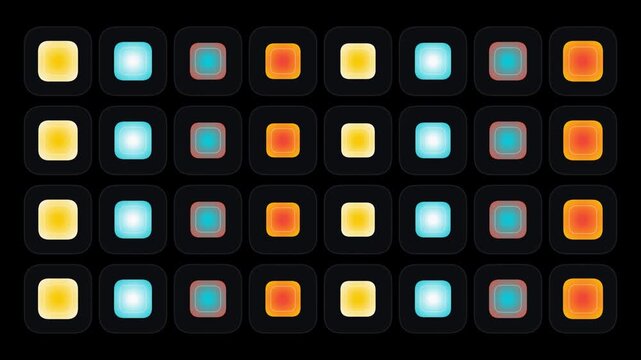 Abstract grid display with pulsating colorful light blocks over dark background motion graphic.
