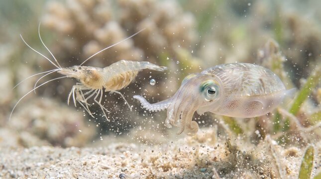 Underwater scene with shrimp and cuttlefish in natural habitat