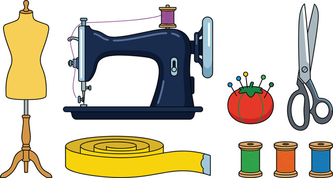 Tailoring elements featuring sewing machine mannequin torso pincushion measuring tape thread spools scissors for fashion design