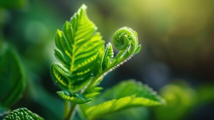 Fototapeta premium Close-Up of Fresh Green Fern Leaf with a Spiral Curl on a Soft Focus Background in Natural Light