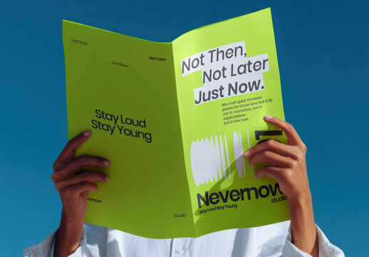 Young Black Woman Holding Brochure Mockup PSD Against Blue Sky