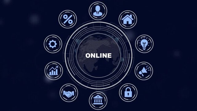 Digital globe surrounded by blue business technology icons on dark background a conceptual graphic displaying a central