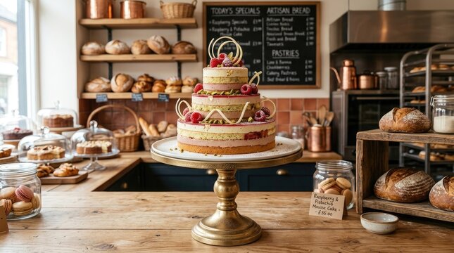 A bakery displays a beautiful, multi-layered cake on a golden stand. The cake is decorated with fresh raspberries and a delicate frosting.