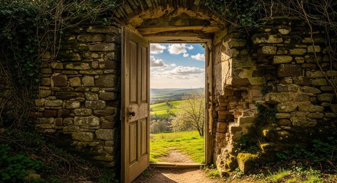 A weathered stone archway frames a breathtaking view of a rolling landscape.