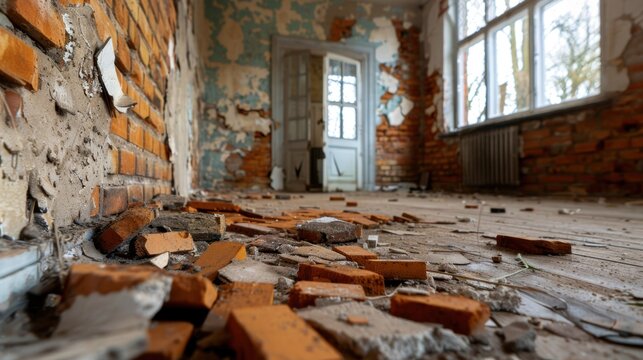 Abandoned Room with Exposed Brick Walls, Cracked Paint, and Debris on Floor in Derelict Building
