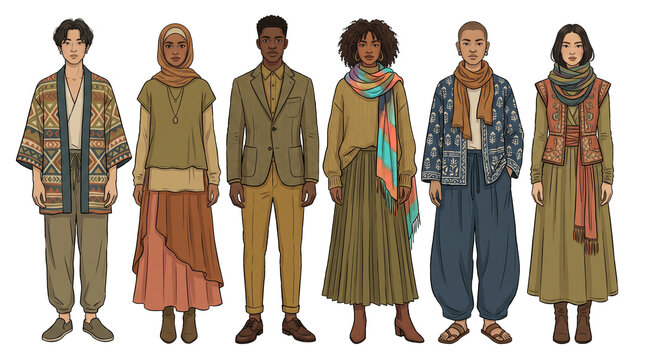 Diverse Multicultural Fashion Models in Bohemian and Ethnic Apparel Flat Vector Illustration