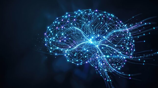 A digital brain graphic glows with vibrant blue light, overlaid with intricate networks of interconnected lines and glowing nodes.