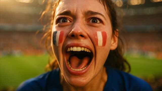 Female soccer fan cheering passionately at stadium, face painted in tricolor. Sports fandom and team spirit. Live match excitement. Football supporter and championship celebration.