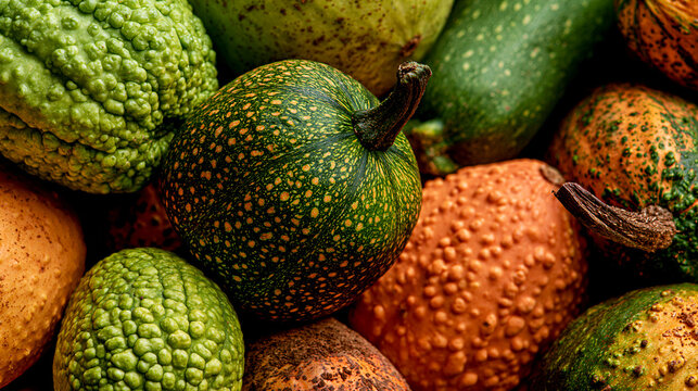 Vibrant green and orange decorative gourds and heirloom pumpkins arranged tightly together for autumn harvest decoration
