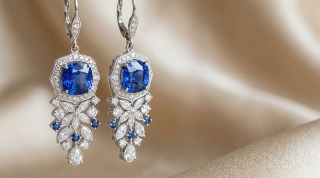 A pair of elegant silver earrings dangles against a luxurious satin backdrop. The earrings feature large, vibrant blue sapphires surrounded by sparkling diamonds.