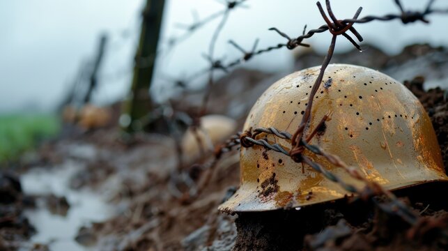 Rusty helmet resting on muddy ground near barbed wire in a war-torn landscape under cloudy sky with rain droplets