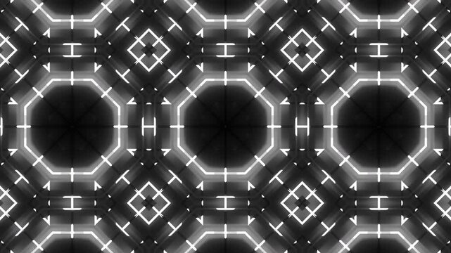 White glowing geometric kaleidoscope shapes looping seamlessly, creating bold symmetry for wallpapers, posters, textiles, branding, and digital backgrounds.