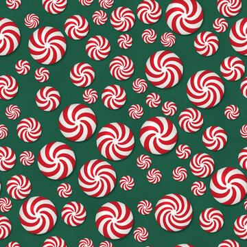 Seamless pattern of red and white peppermint swirl candies on a green background