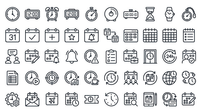 50 Modern Clock Date and Schedule Vector Icons Featuring Digital Time Calendar Events Timers Planning and Reminder Symbols