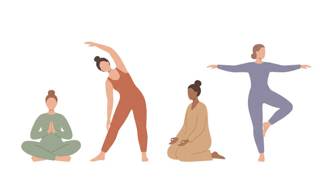 Diverse Women Practicing Yoga and Mindfulness Flat Vector Illustration Set of Female Characters Meditating Stretching Balancing