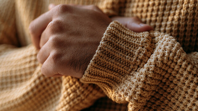 Close up of man hands folded gently inside knitted woolen yellow sweater during winter time