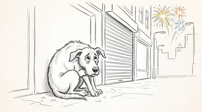 Dog Seeking Shelter During Fireworks Cartoon Sketch