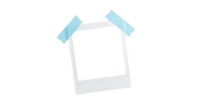 Blank instant photo frame taped on wall isolated on transparent background