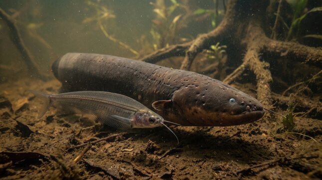 Electric eel and catfish in underwater river habitat