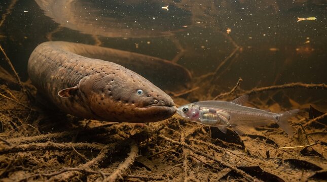Lungfish underwater capturing prey in natural habitat