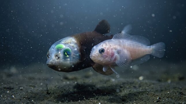 Two fish swimming together in a dark underwater environment