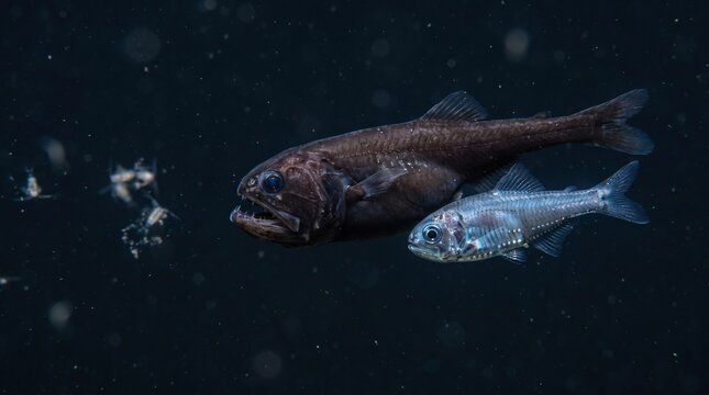 Deep sea fish swimming in dark ocean with bioluminescent particles