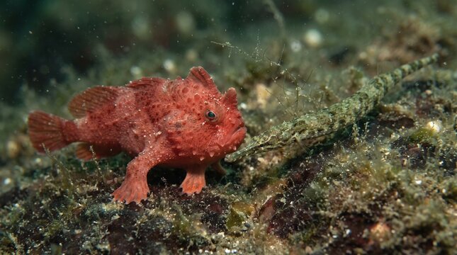 Red frogfish camouflaged on rocky ocean floor with algae