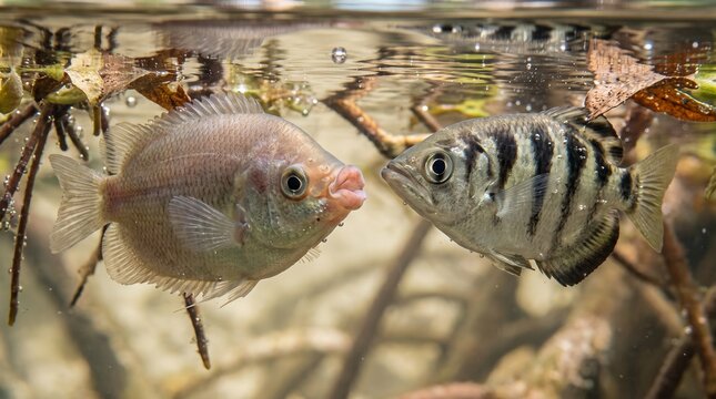 Two fish underwater in natural habitat with mangrove roots