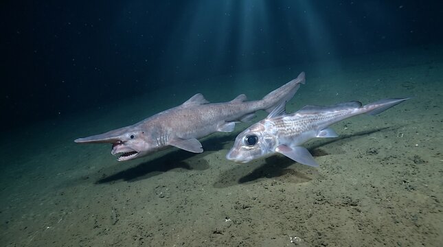 Goblin sharks swimming underwater in deep ocean environment