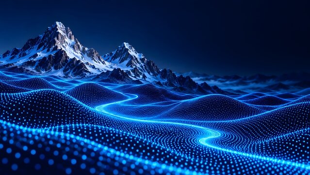 Digital Transformation Concept Showing Snowy Mountains Merging with Glowing Cybernetic Data Flow