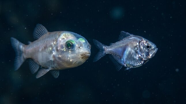 Two deep-sea fish swimming in dark underwater environment