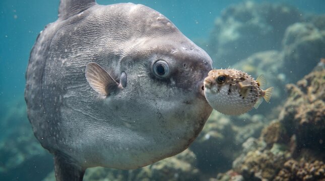 Ocean sunfish and pufferfish interaction in clear underwater scene