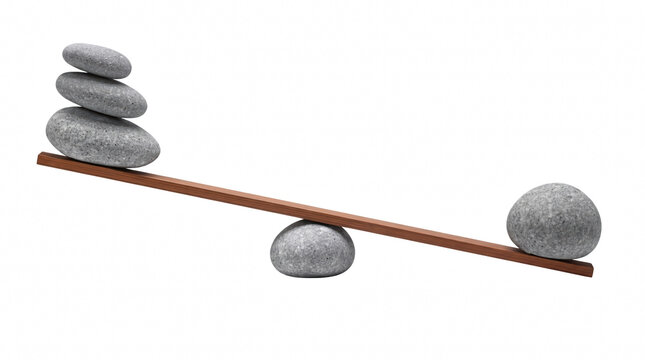 Wooden Plank Balancing Multiple Zen Stones Against a Single Large Rock