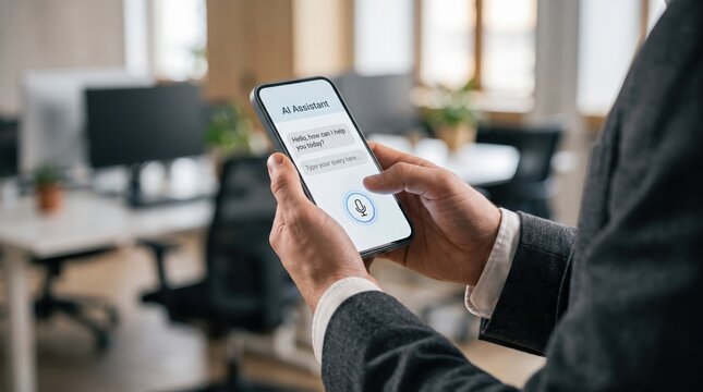 Businessman using artificial intelligence assistant application on smartphone screen in modern office environment, voice command interaction, ai technology, automation