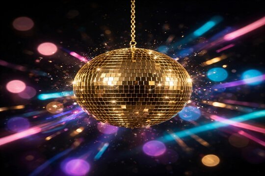 Golden disco ball with sparkling reflections, 80s glam party maximalism