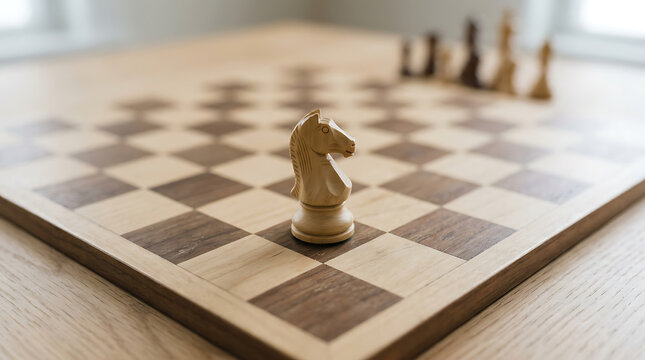 White chess knight standing on a wooden chessboard with blurred pieces in the background